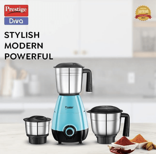 Prestige 500 Watts DIVA Mixer Grinder with 3 stainless Steel Jars|3 super efficient blades|2 years warranty|(Blue & Black) - Image 3